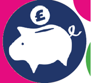 White pig in blue circle with pink squared edge