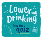 The logo for the "Lower my Drinking" campaign. The text also says "Take the quiz" with a simple line drawing of a bottle and York Minster.