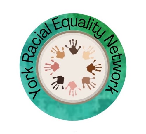 The York Racial Equality Network logo. It shows eight handprints of different colours.